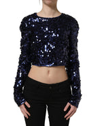 Dolce & Gabbana Blue Sequined Long Sleeves Crop Blouse Top