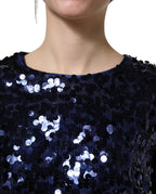 Dolce & Gabbana Blue Sequined Long Sleeves Crop Blouse Top