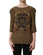 Dolce & Gabbana Brown Keys Roses Printed Silk Blouse Top