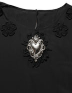 Dolce & Gabbana Black Floral Silk Heart Appliqué Blouse Top