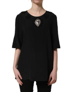 Dolce & Gabbana Black Floral Silk Heart Appliqué Blouse Top