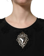 Dolce & Gabbana Black Floral Silk Heart Appliqué Blouse Top