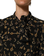 Dolce & Gabbana Black Keys Print Silk Tie Neck Blouse Top