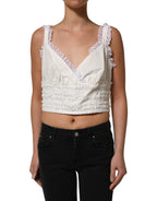 Dolce & Gabbana White Lace Trimmed Cotton Cropped Tank Top