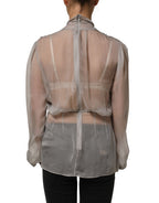 Dolce & Gabbana Gray Sheer Silk Chiffon Shirt Bow Collar Top