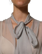 Dolce & Gabbana Gray Sheer Silk Chiffon Shirt Bow Collar Top