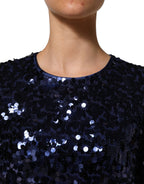 Dolce & Gabbana Blue Sequined Long Sleeves Crop Blouse Top