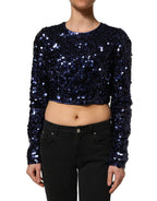 Dolce & Gabbana Blue Sequined Long Sleeves Crop Blouse Top