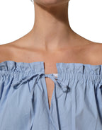 L'Autre Chose Light Blue Cotton Off Shoulder Long Sleeves Top