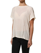PINKO Off White Silk Sheer Round Neck Short Sleeves Blouse Top