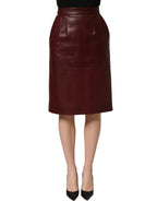 Dolce & Gabbana Burgundy Leather High Waist Pencil Midi Skirt