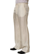 Dolce & Gabbana Off White Silk Straight Wide Leg Trouser Pants