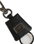 Dolce & Gabbana Black Dauphine Leather Silver Metal Logo Plaque Keyring