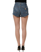 Dolce & Gabbana Blue Cotton High Rise Denim Hot Pants Shorts
