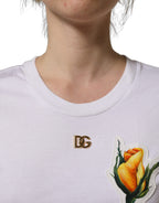 Dolce & Gabbana White Cotton Rose Patch Crew Neck T-shirt