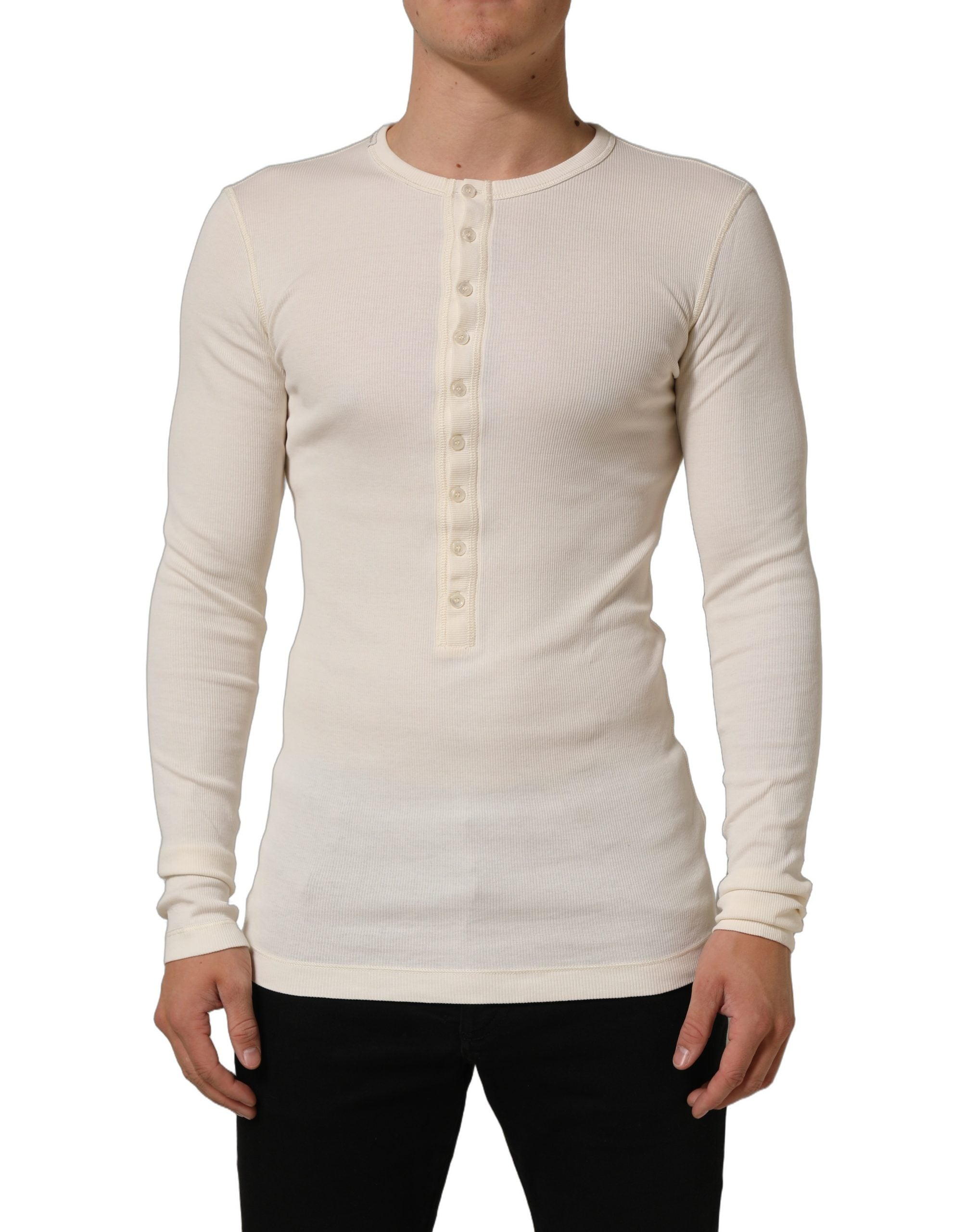 Dolce & Gabbana Off White Cotton Henley Long Sleeves T-shirt