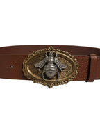Dolce & Gabbana Brown Leather Bee Accent Metal Buckle Belt