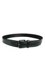 Dolce & Gabbana Black Green Logo Silver Tone Metal Buckle Belt