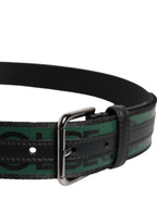 Dolce & Gabbana Black Green Logo Silver Tone Metal Buckle Belt