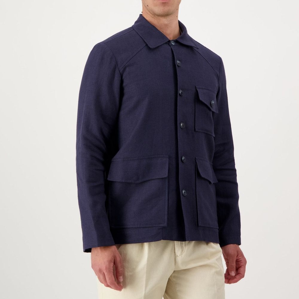 Autore Navy Blue Linen Full-Length Jacket