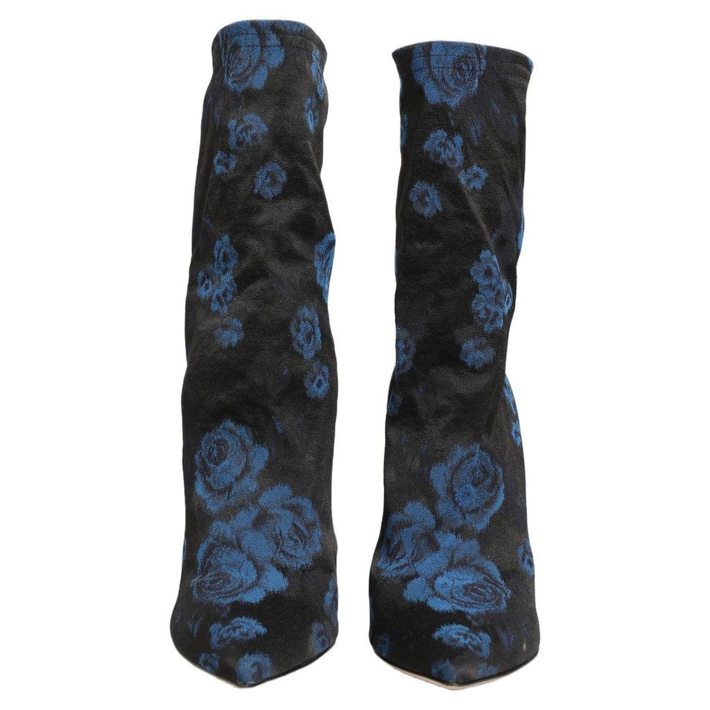 Dolce & Gabbana Black Blue Floral Stretch Sock Boots Shoes