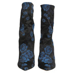 Dolce & Gabbana Black Blue Floral Stretch Sock Boots Shoes