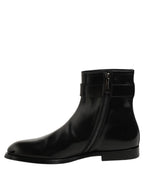 Dolce & Gabbana Black Leather Buckle Mid Calf Boots Men Shoes