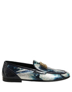 Dolce & Gabbana Metallic Blue Silver Leather DG Loafers Shoes