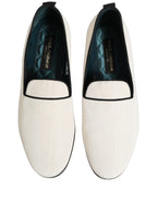Dolce & Gabbana White Velvet Slip On Men Flats Loafers Shoes