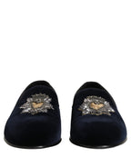 Dolce & Gabbana Blue Velvet Embellished Slip On Loafers Shoes