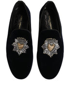 Dolce & Gabbana Blue Velvet Embellished Slip On Loafers Shoes