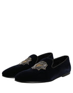 Dolce & Gabbana Blue Velvet Embellished Slip On Loafers Shoes