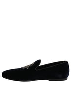 Dolce & Gabbana Blue Velvet Embellished Slip On Loafers Shoes