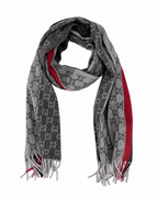Gucci Monogram Grey Cashmere & Wool Scarf with Red & Black Stripe