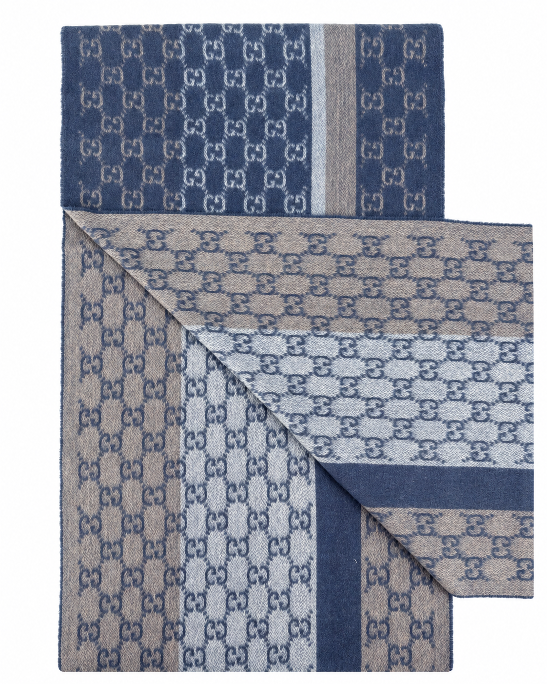 Gucci Monogram Blue Cashmere & Wool Scarf with Beige & Cream Fringe