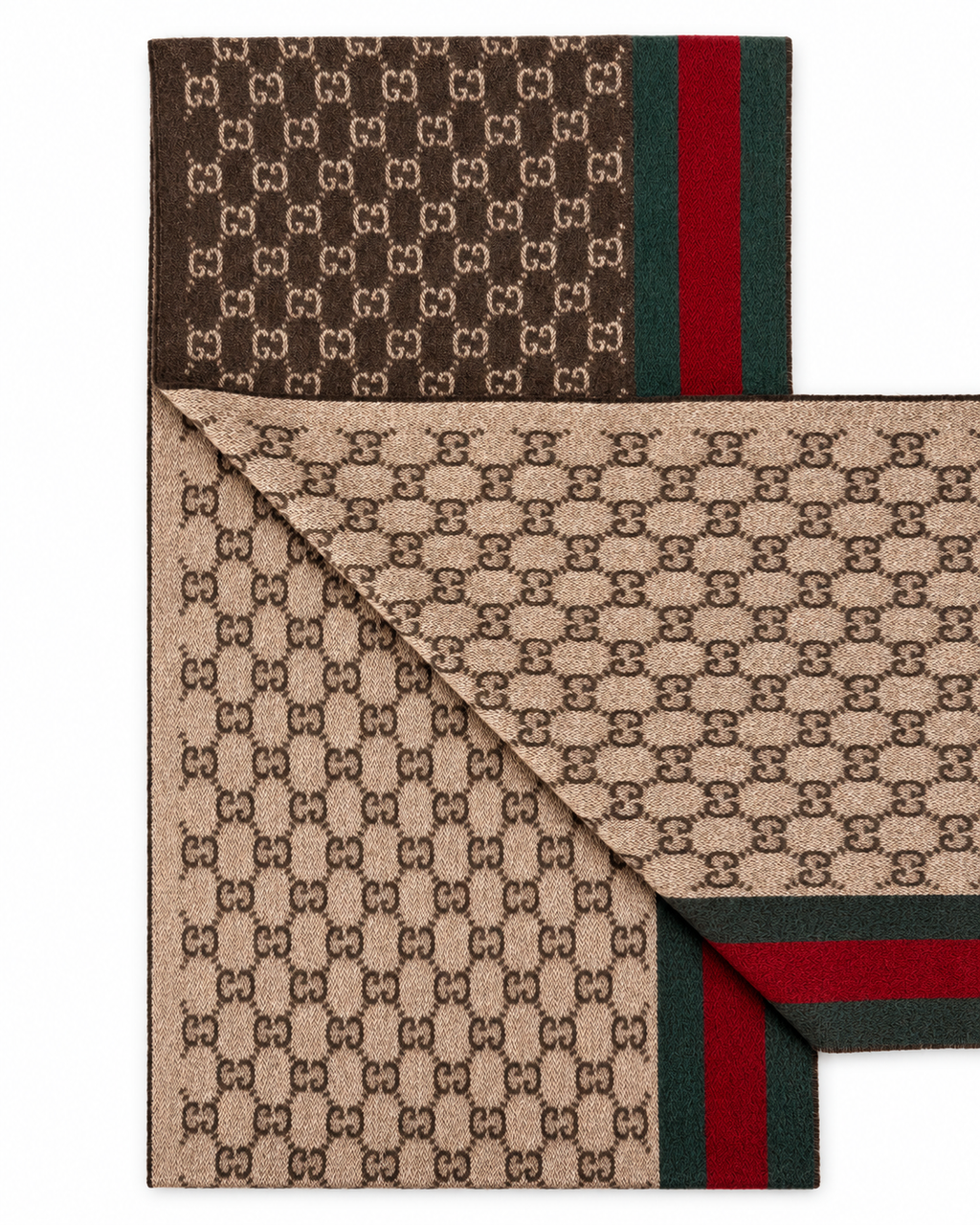 Gucci Monogram Brown Cashmere & Wool Scarf with Green & Red Web Stripe