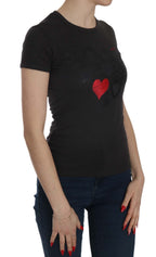 Exte Black Hearts Print Short Sleeve Casual Shirt Top