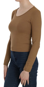 GF Ferre Brown Long Round Neck Sleeve Fitted Shirt Tops Blouse