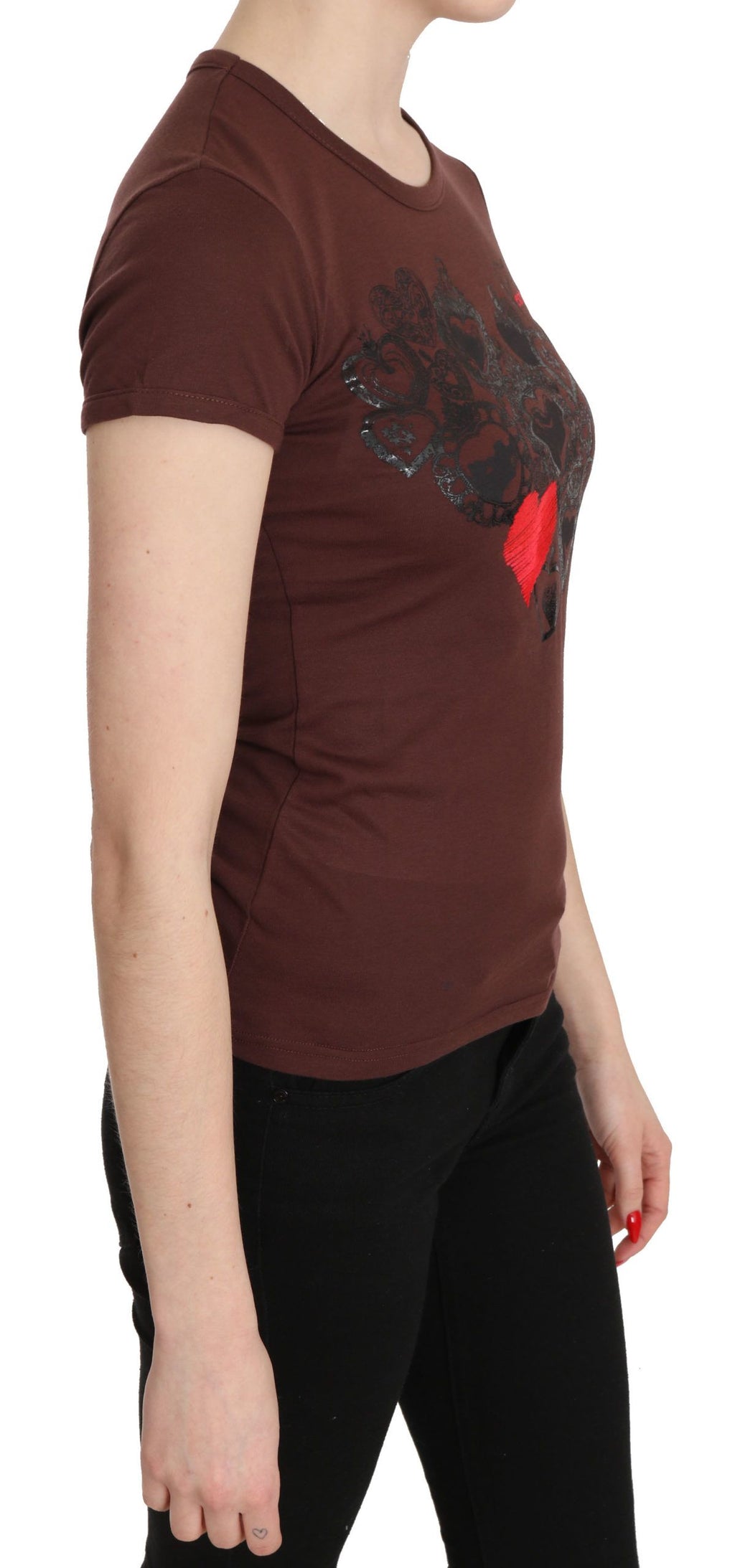 Exte Brown Hearts Printed Round Neck T-shirt Top