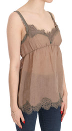 PINK MEMORIES Brown Lace Spaghetti Strap Plunging Top Blouse