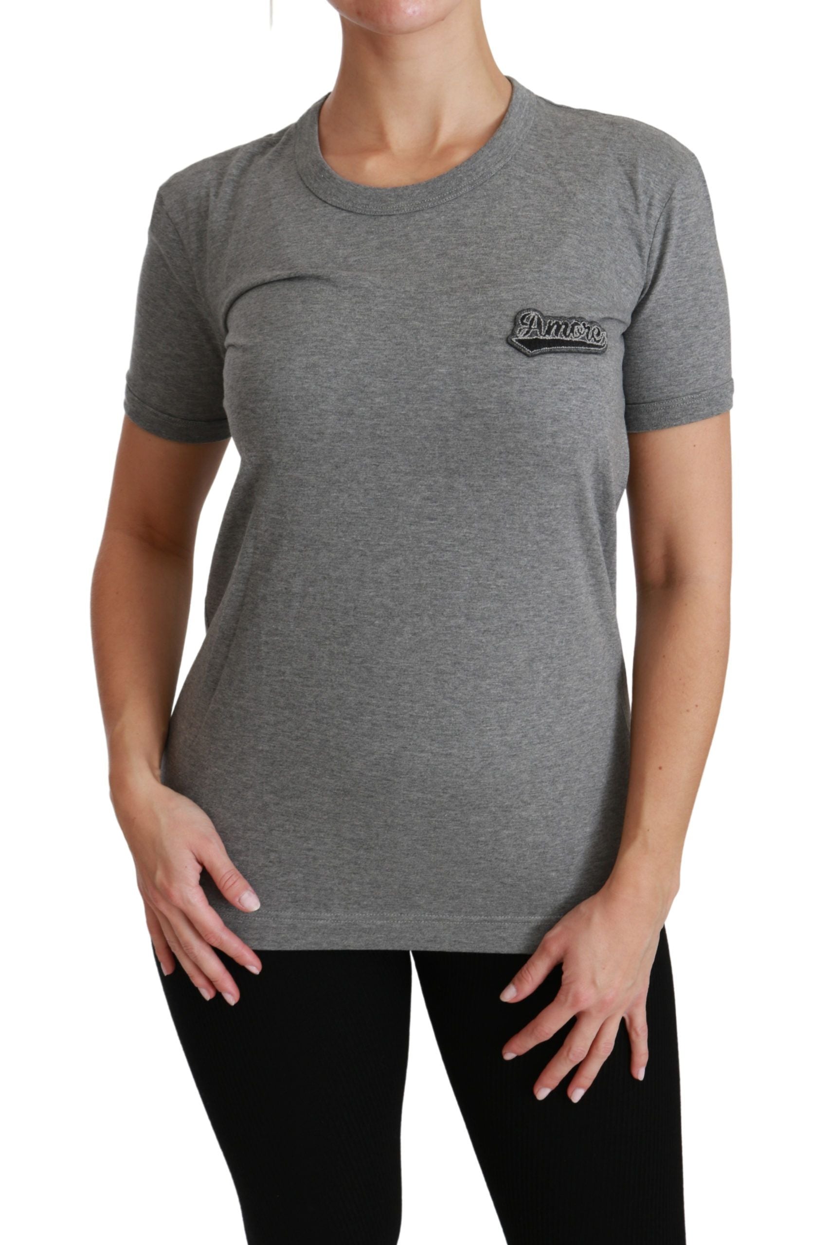 Dolce & Gabbana Gray Crewneck Amore Patch Cotton Top T-shirt