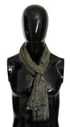GF Ferre Green Wool Viscose Foulard Patterned Branded Scarf