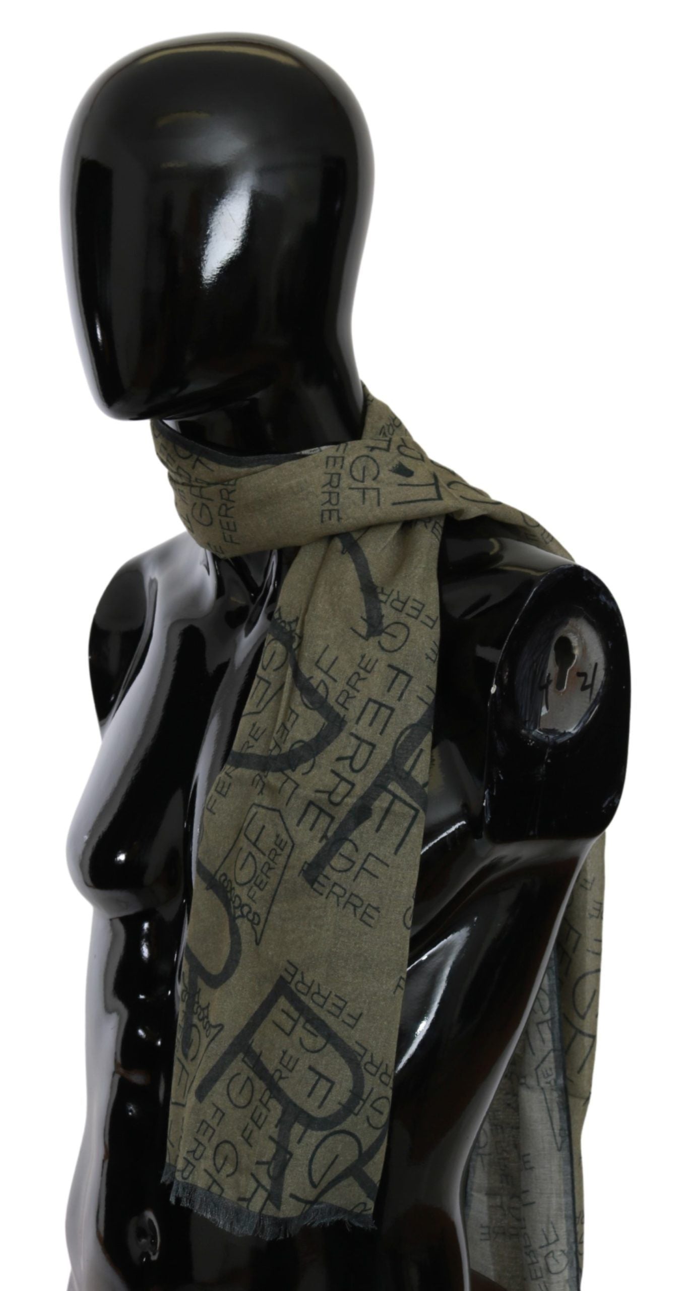 GF Ferre Green Wool Viscose Foulard Patterned Branded Scarf
