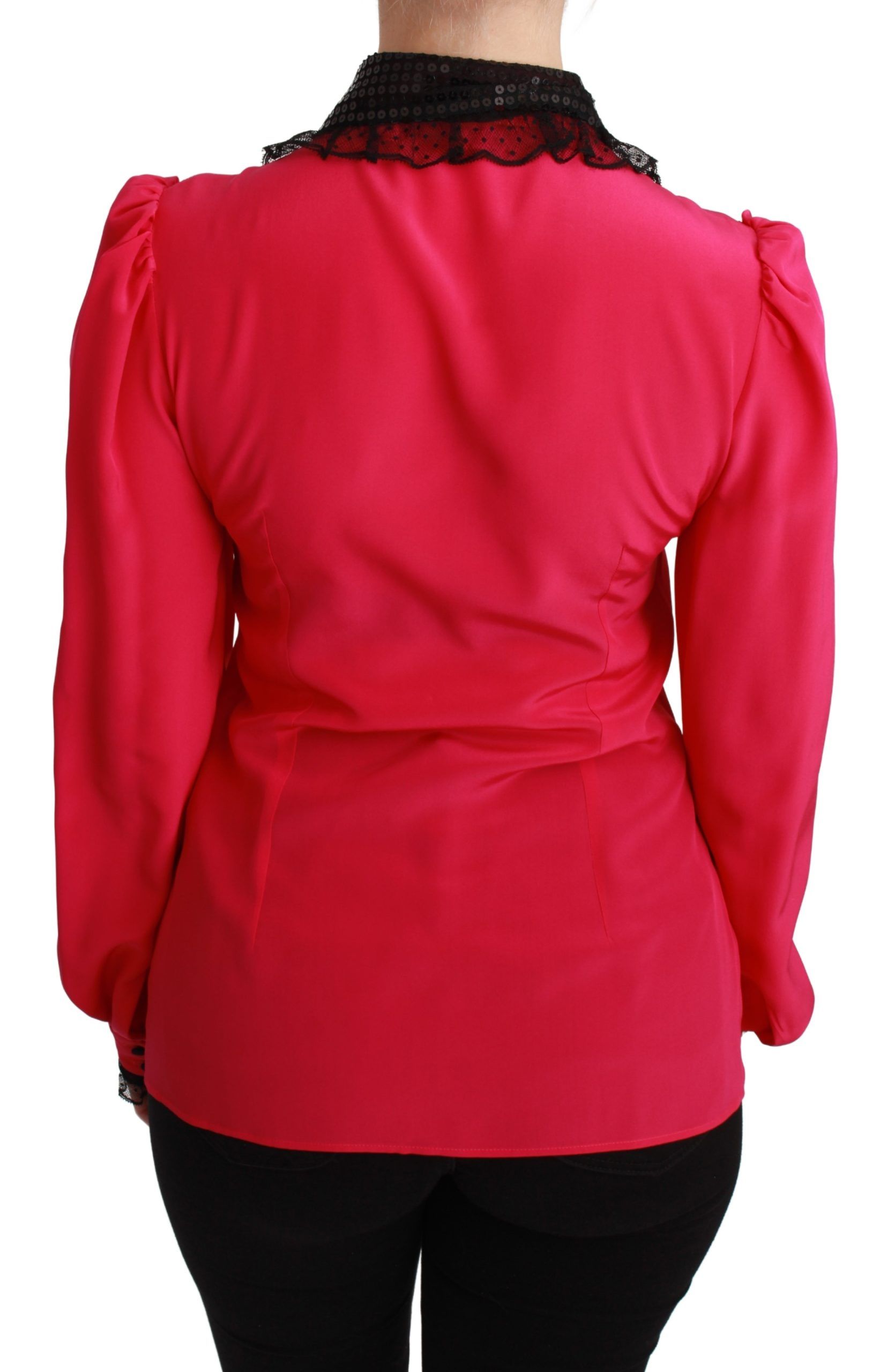 Dolce & Gabbana Pink Silk Black Sequin Lace Shirt Blouse