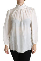 Dolce & Gabbana White Silk Pussy Bow Long Sleeved Top Blouse