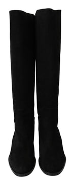 Dolce & Gabbana Black Suede Knee High Flat Boots Shoes