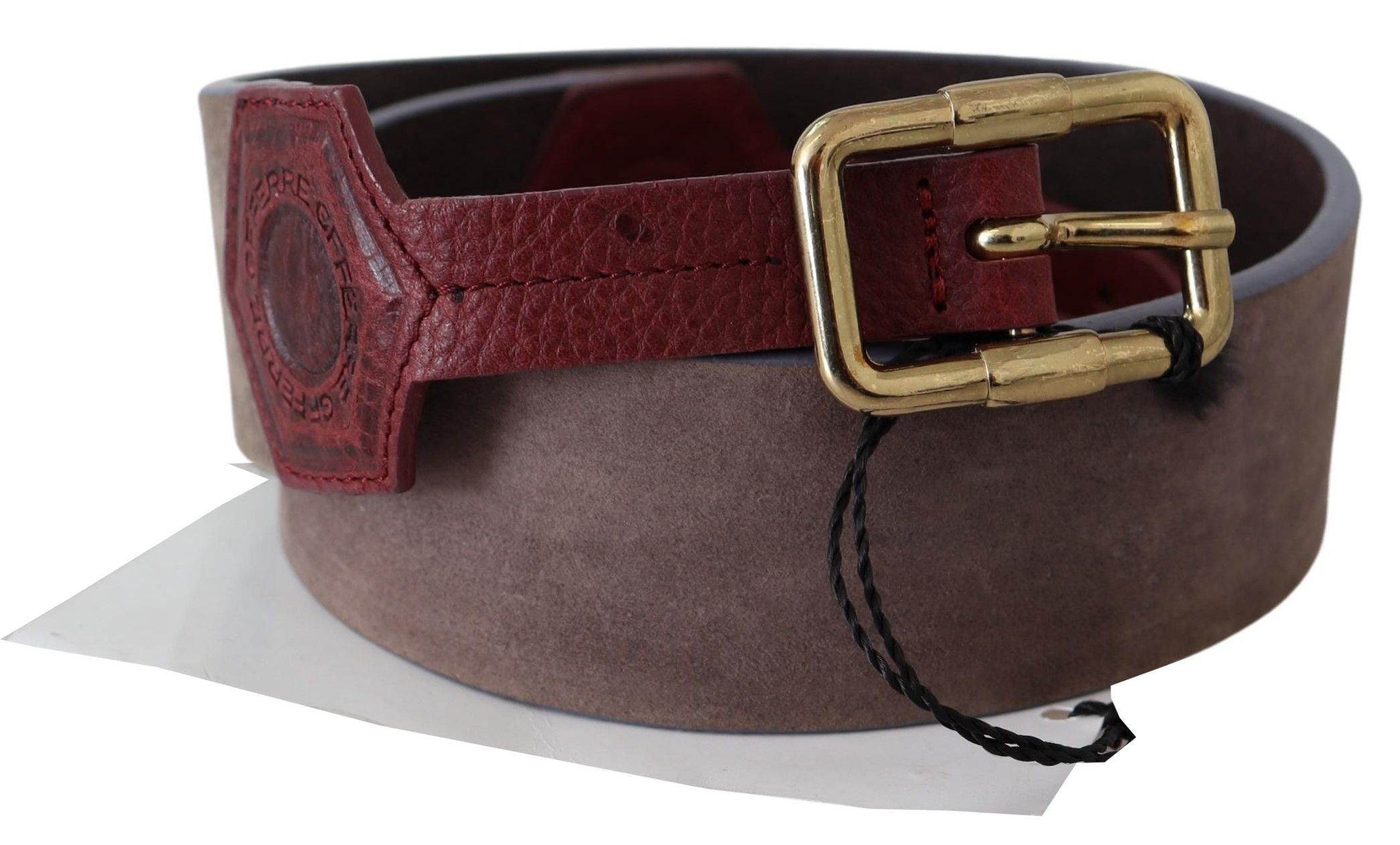 GF Ferre Brown Leather Wide Gold Chrome Logo Buckle Belt