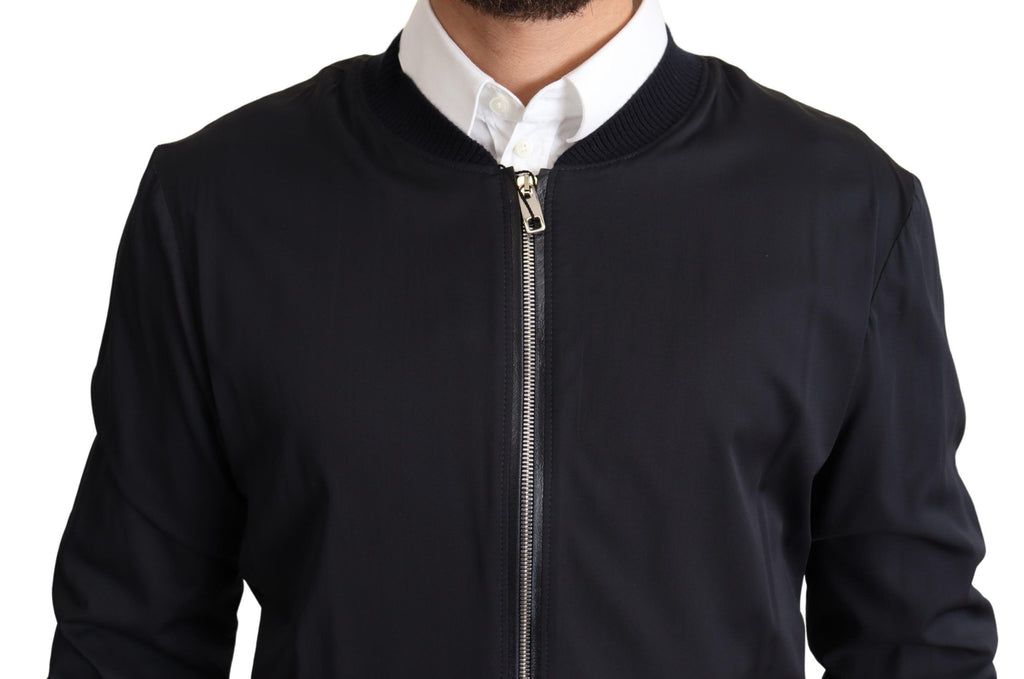 Dolce & Gabbana Blue Silk Coat Short Bomber Men Jacket
