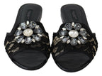 Dolce & Gabbana Black Taormina Lace Slides Crystals Flats Shoes