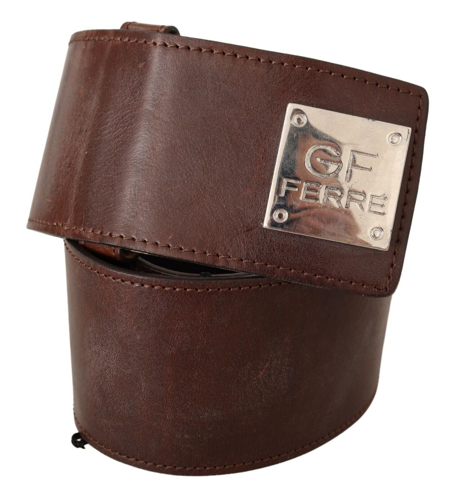 GF Ferre Brown Genuine Leather Wide Logo Buckle Waist Belt